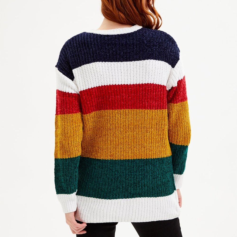 NWT Evelyn Taylor | Mustard & Navy Stripe Chenille Sweater - M - Picture 2 of 9